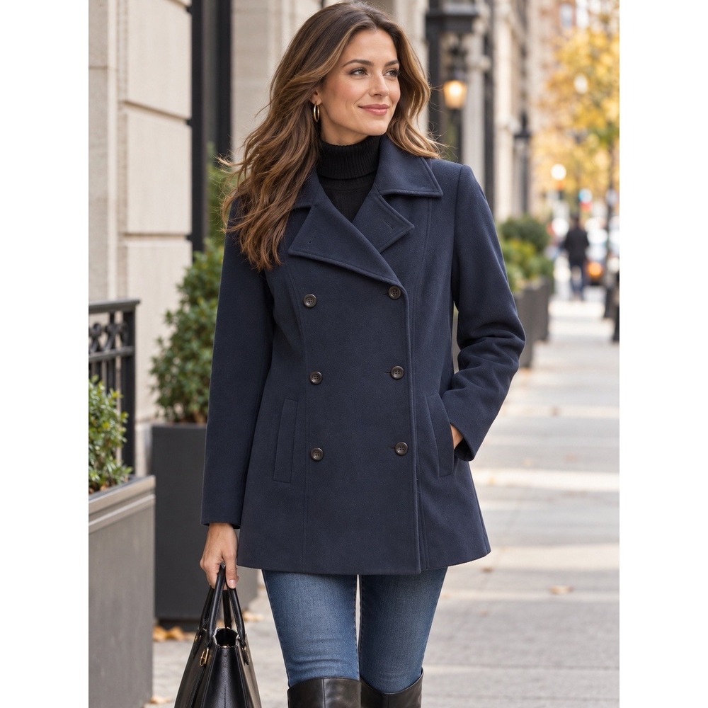 Tribal Navy Wool Cashmere Bld Peacoat 12 Double Breasted Lined Luxury Tailored